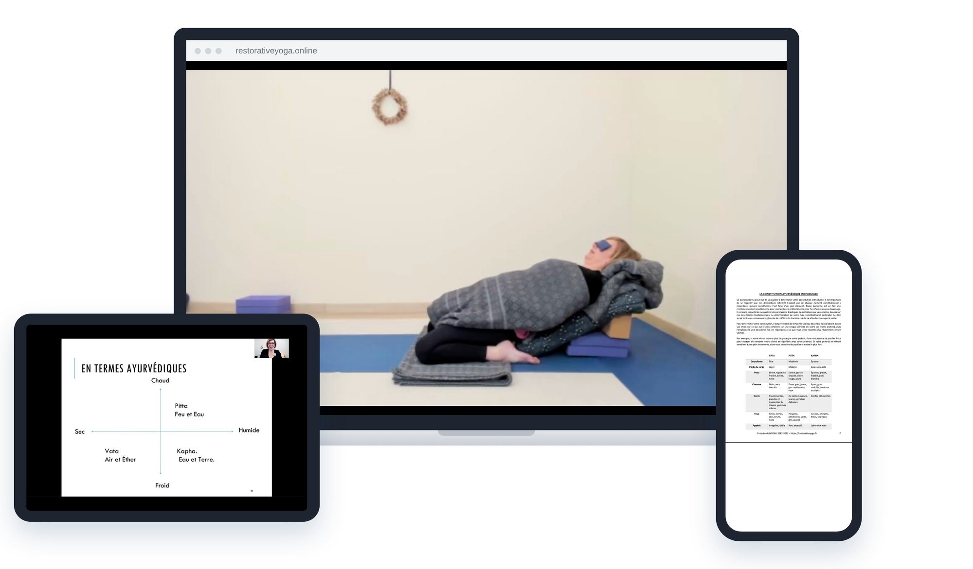 La vidéo de Supta Virasana sur un ordinateur, une slide sur les doshas sur une tablette et le questionnaire sur la constitution ayurvédique sur un téléphone, extraits du module 3