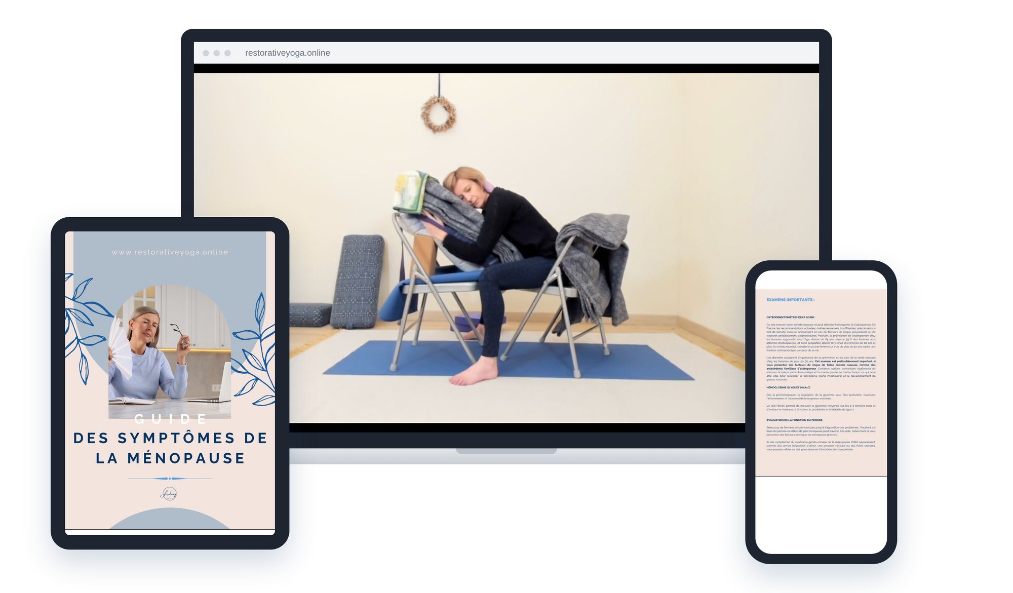 Une flexion avant soutenue par deux chaises en vidéo sur un ordinateur, la couverture du Guide des symptômes de la ménopause sur une tablette et une page du guide sur un téléphone, extraits du module 4